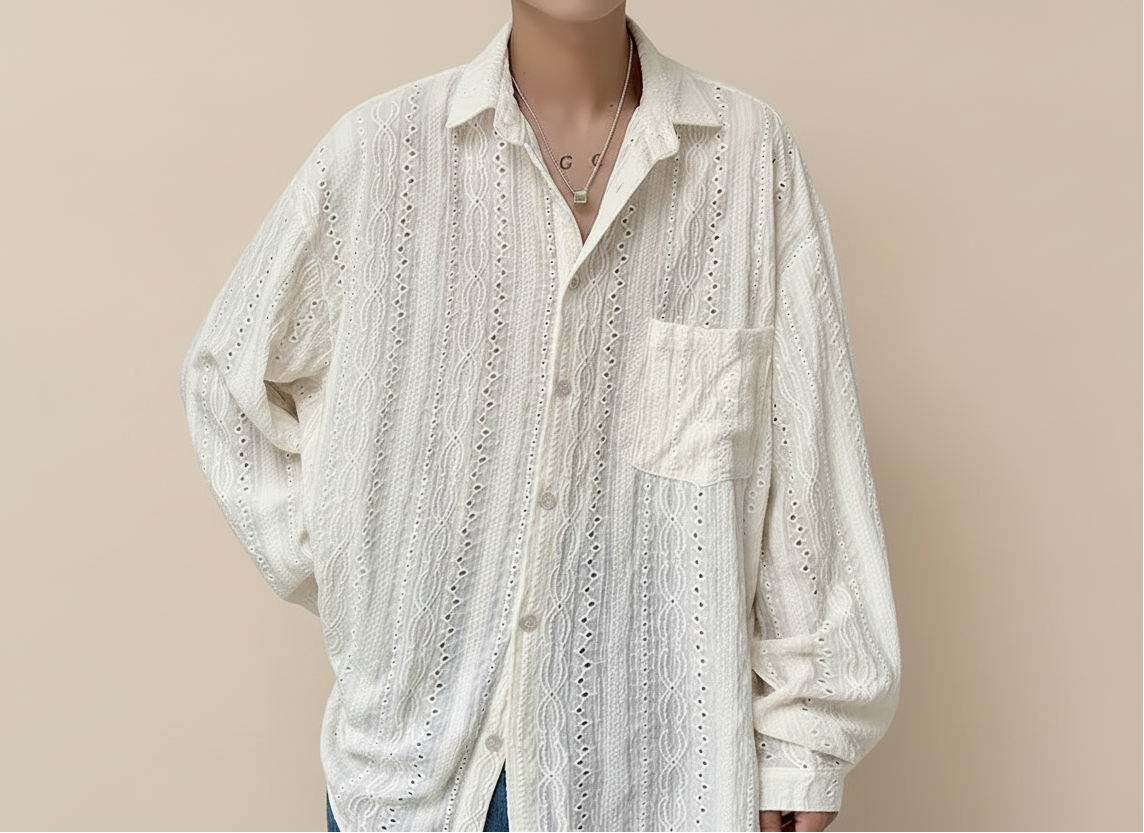 Off White Boho Long Sleeve Shirt for Men