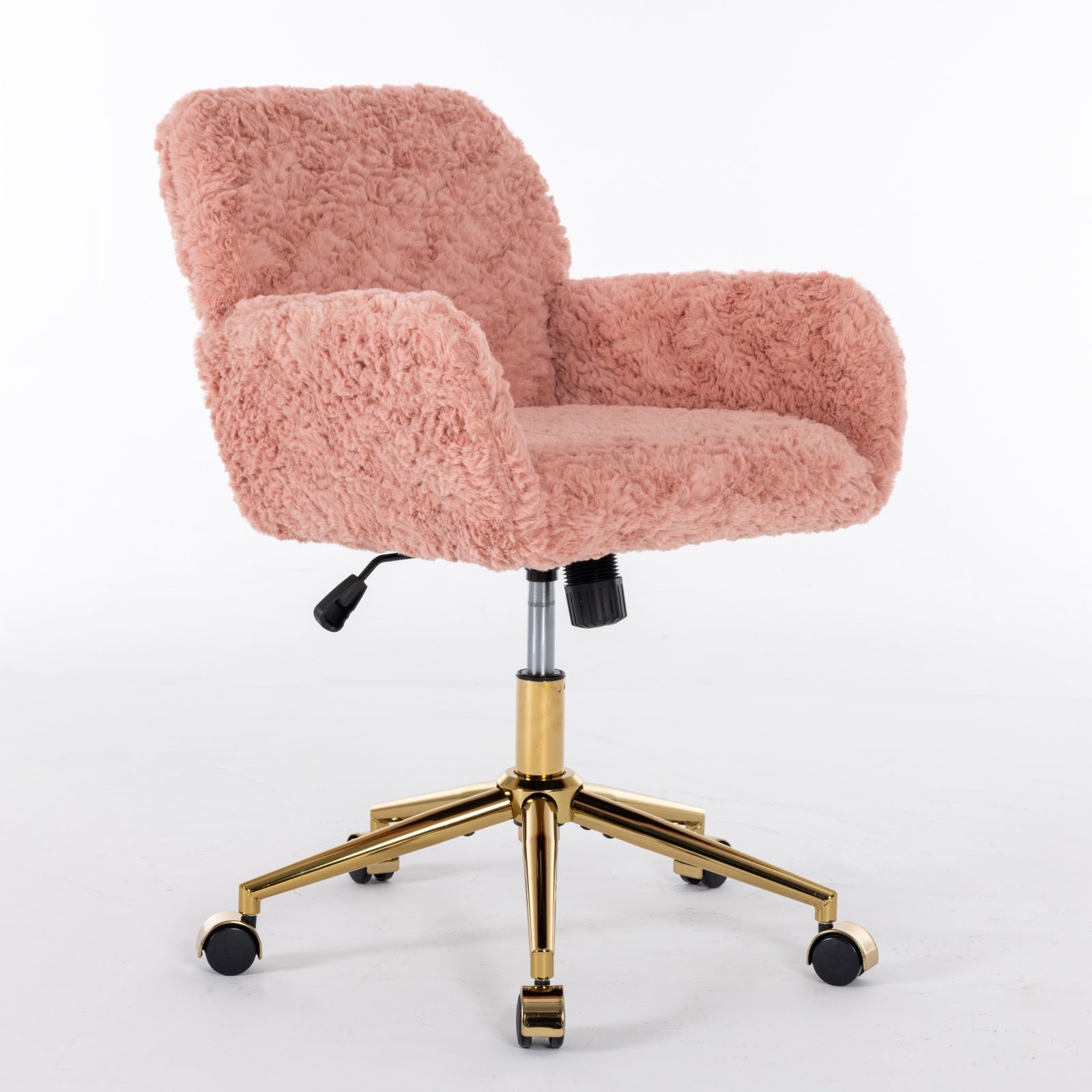 Pink fluffy office chair with gold base on a white background