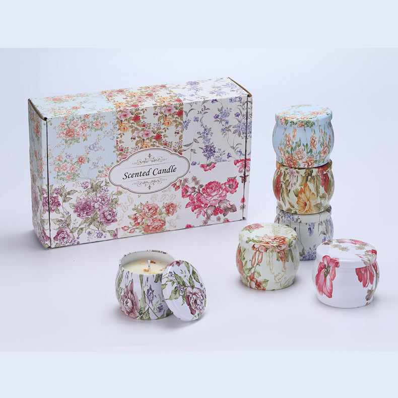 6 Pcs Bohemian Floral Tin Candle Set