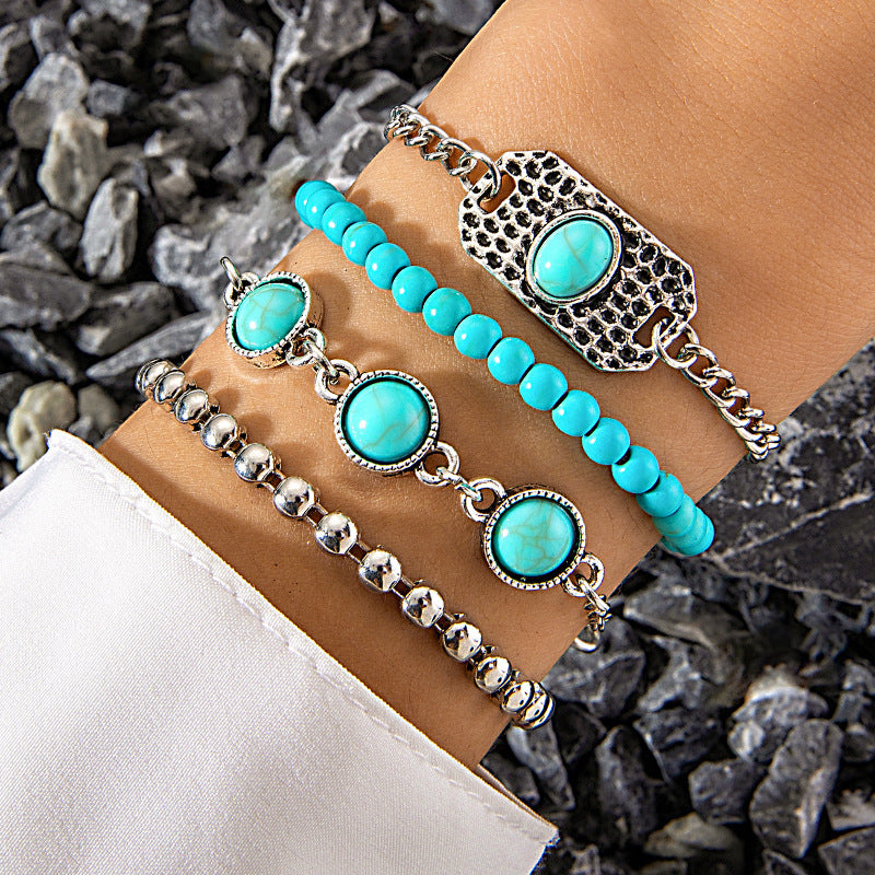 Boho Silver Bracelet Set with Stones
