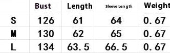 Measurement chart for a sweater with size, bust, length, sleeve length, and weight details.