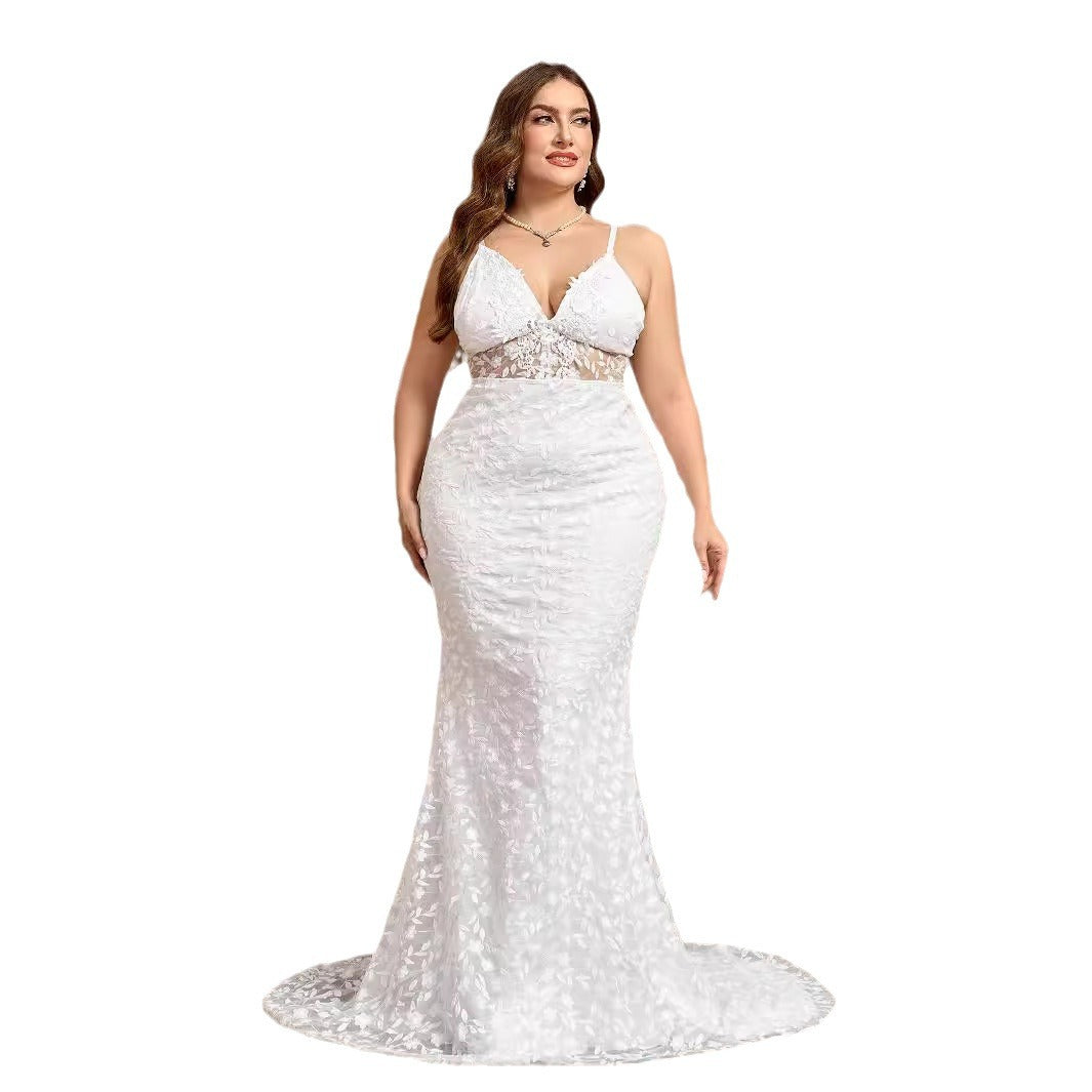 Plus Size White Lace Sexy Spaghetti Strap Wedding Dress for Summer