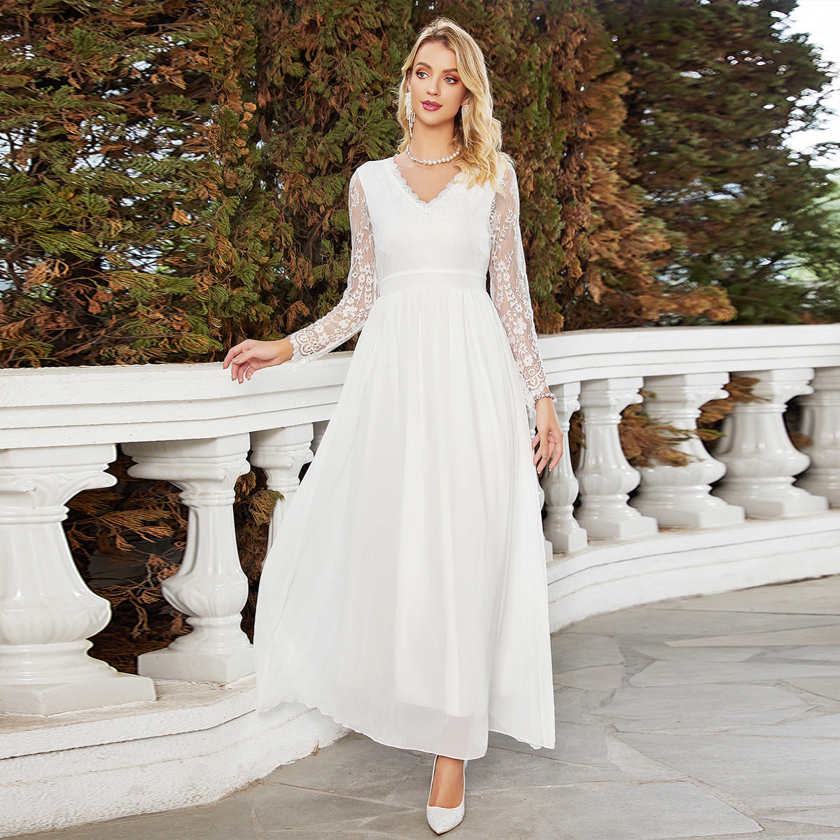 White Minimal A-Line Long Sleeve Wedding Dress