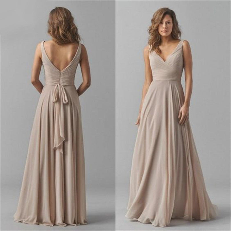 Beige evening gown shown from front and back on a gray background