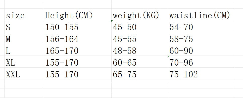 Size chart for clothing with height, weight, and waistline ranges.