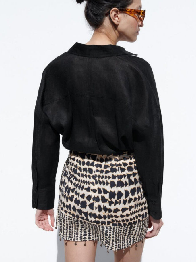 Beaded Printed Mini Skirt Boho Style in Black and Beige