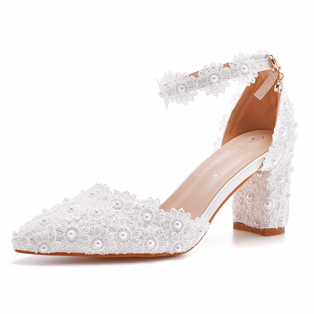 Beaded Chunky Heel Wedding Shoes with Lace Flowers
