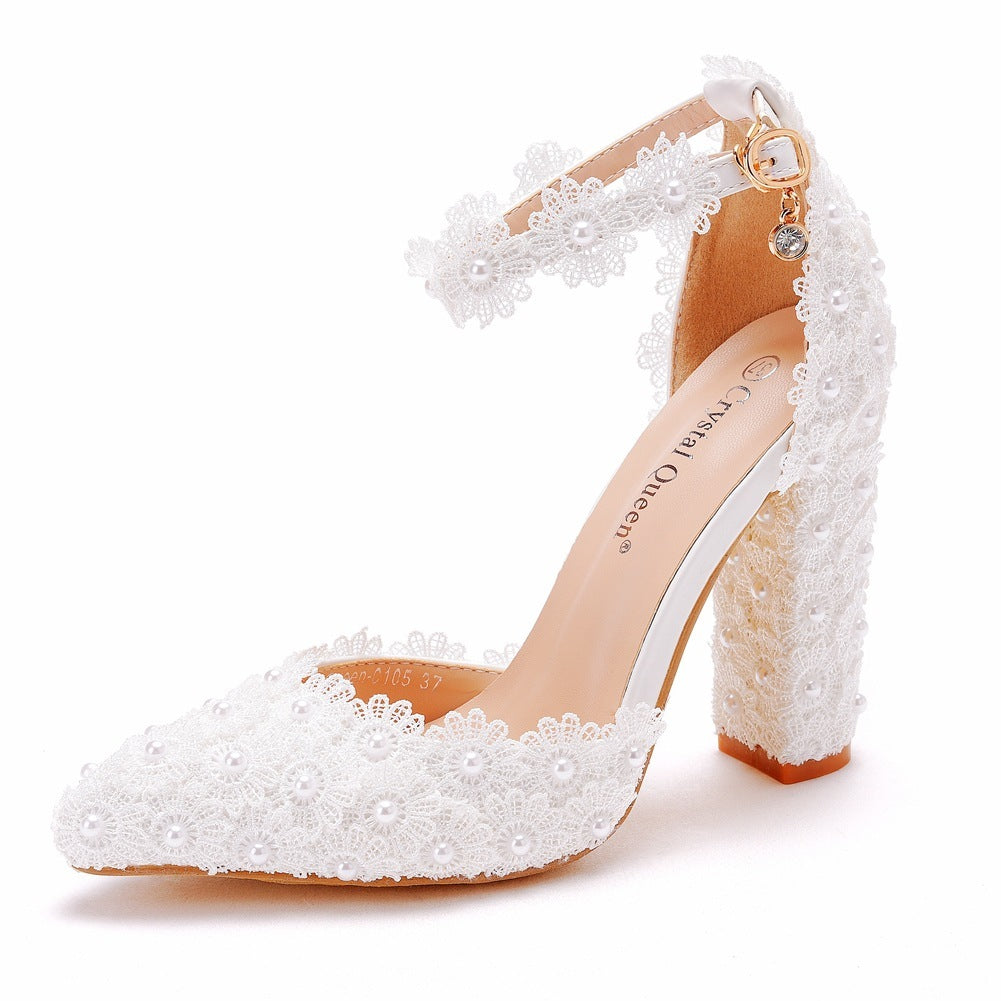 bohemian Beaded Chunky Heel Wedding Shoes with Lace Flowers