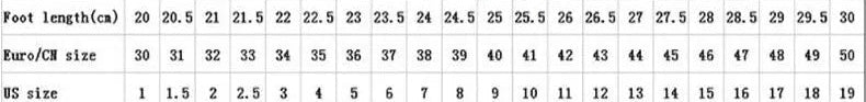 Shoe size chart with foot length measurement and conversion instructions.