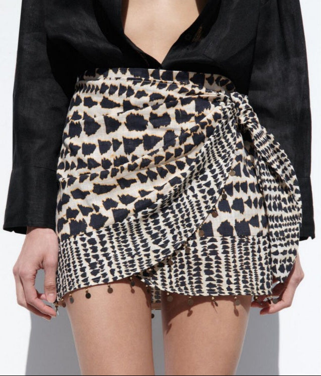 Beaded Printed Mini Skirt Boho Style in Black and Beige