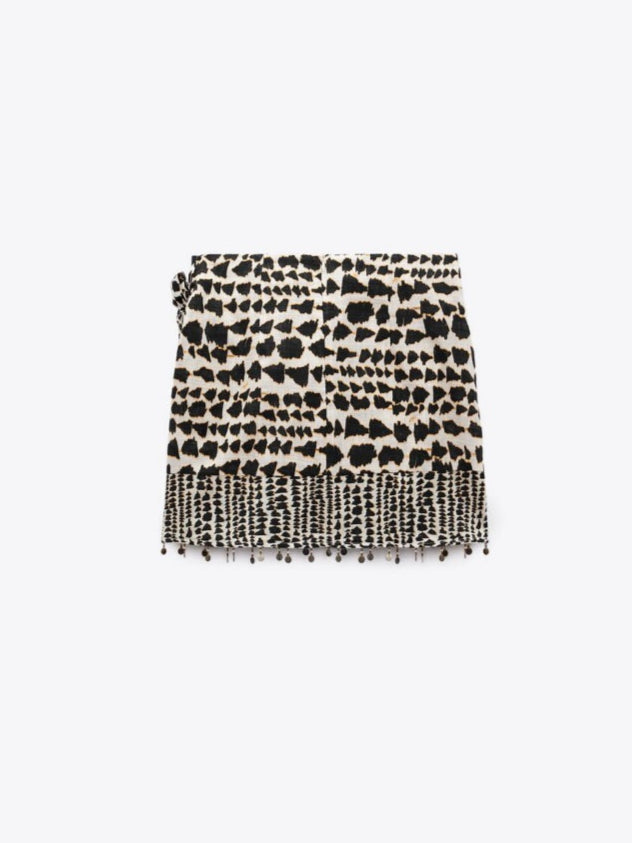 Beaded Printed Mini Skirt Boho Style in Black and Beige
