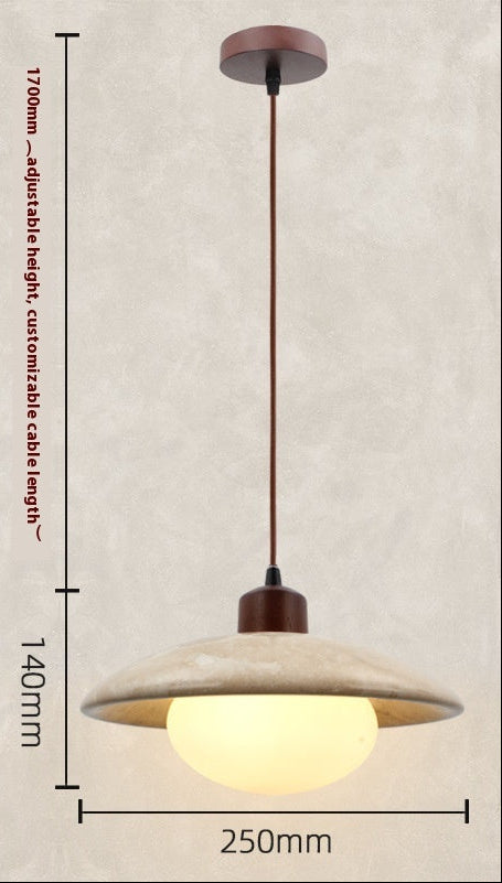 Pendant light with dimensions and specifications on a beige background