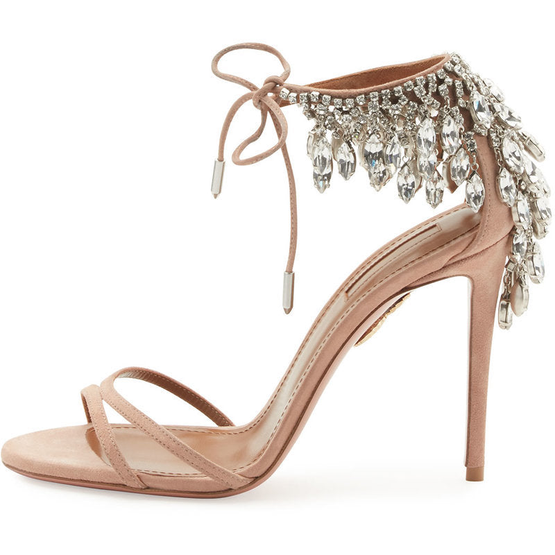 Beige Bohemian Wedding Heels with Crystal Tassels