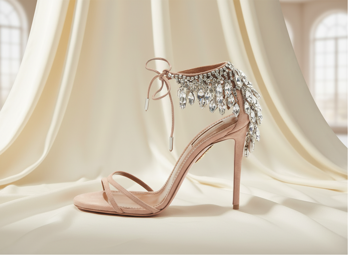 Beige Bohemian Wedding Heels with Crystal Tassels