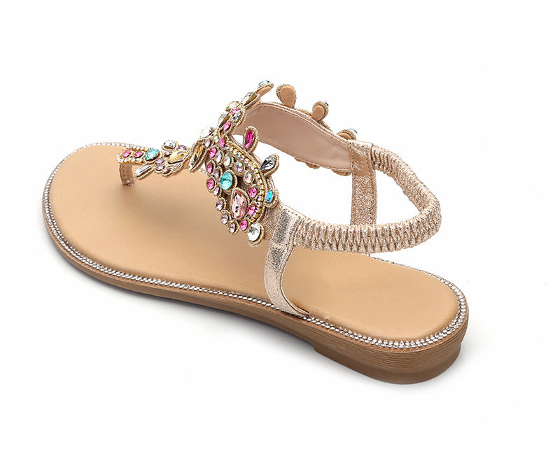 Beige Boho Wedding Flat Sandals with Colorful Crystals