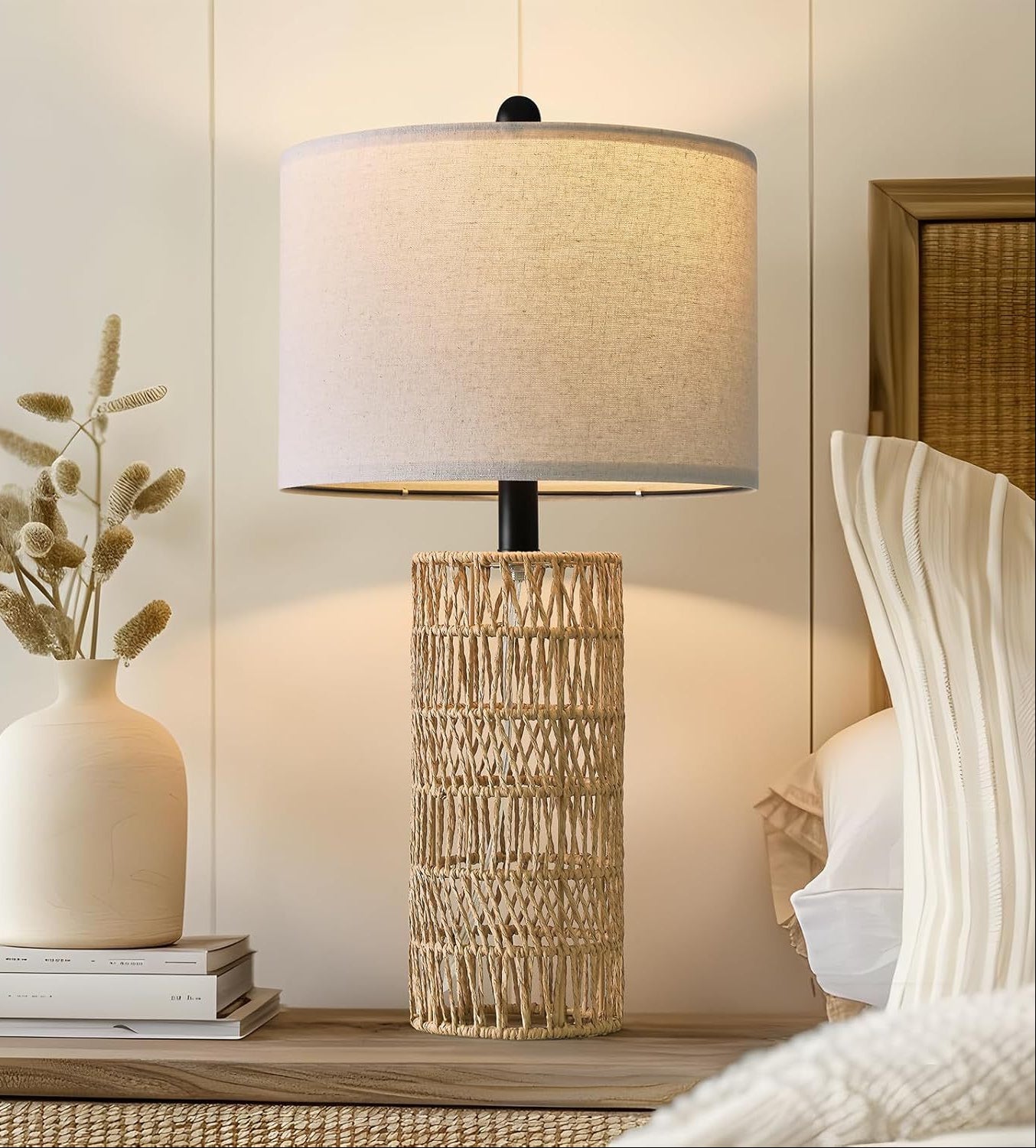 Beige Boho Rattan Table Lamp