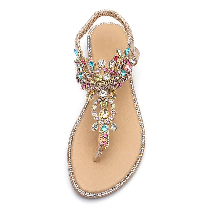 Beige Boho Wedding Flat Sandals with Colorful Crystals