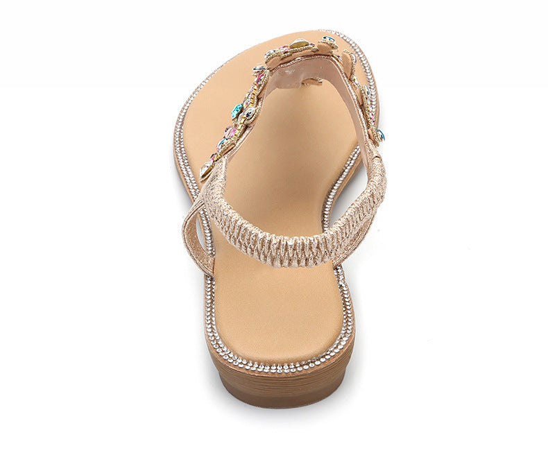 Beige Boho Wedding Flat Sandals with Colorful Crystals nude