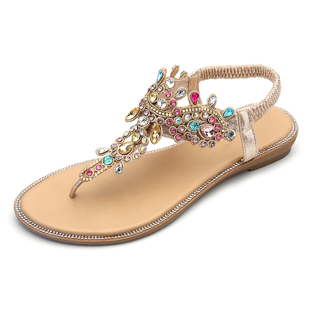 Beige Boho Wedding Flat Sandals with Colorful Crystals