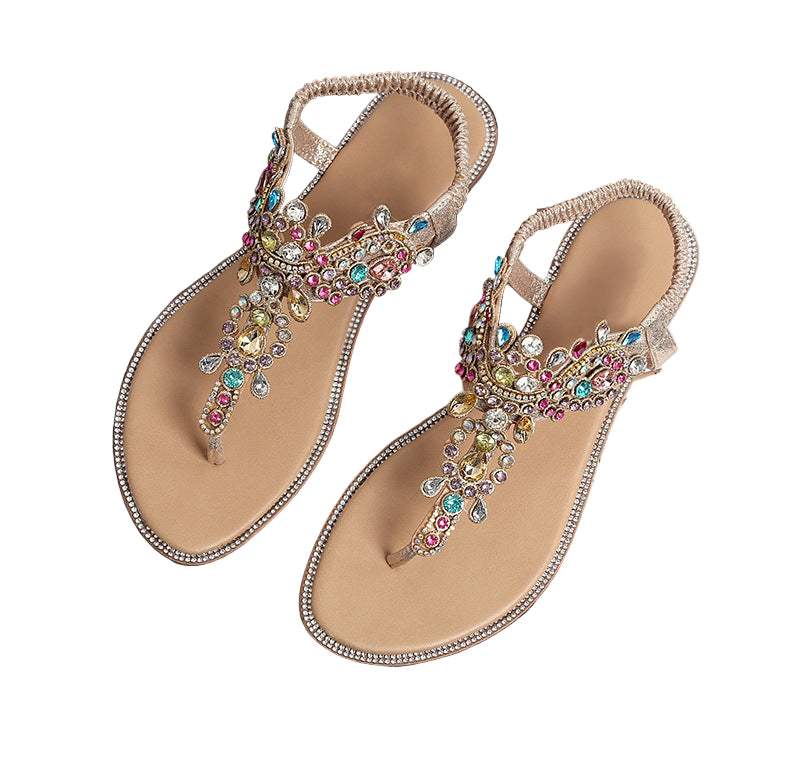 Beige Boho Wedding Flat Sandals with Colorful Crystals