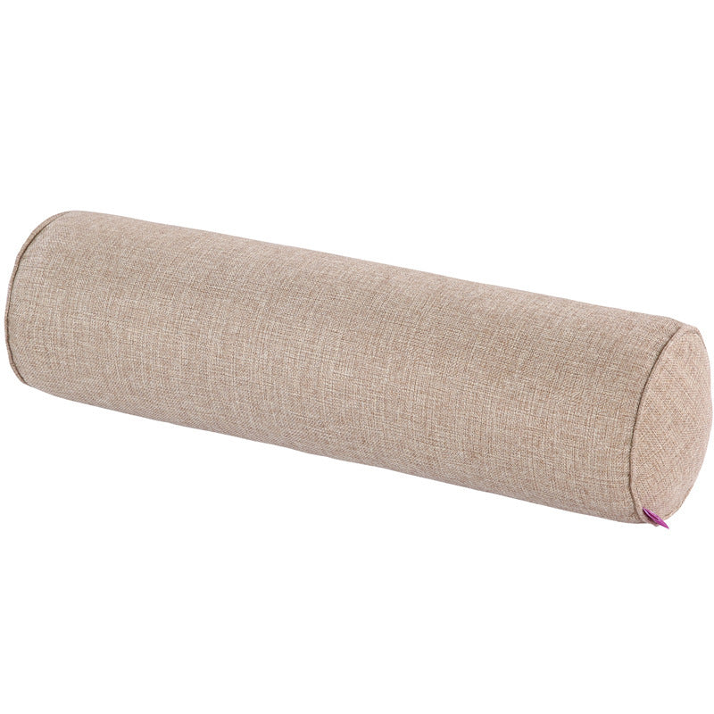 Beige cylindrical fabric pillow on a white background