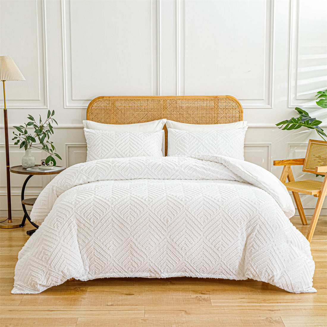 Beige quilted comforter set on a bed with a wooden headboard in a bedroom setting.