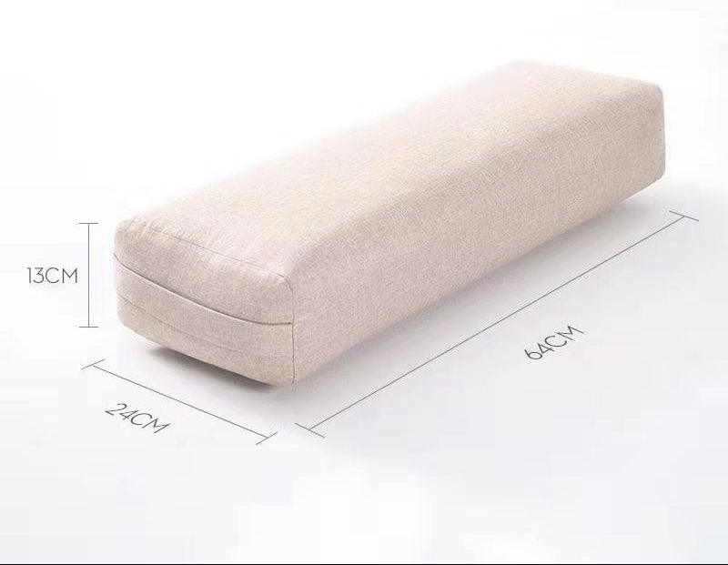 Beige rectangular cushion with dimensions and material details on a white background