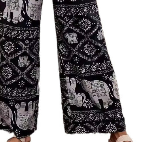 Black Ethnic Boho Elephant Print Pants