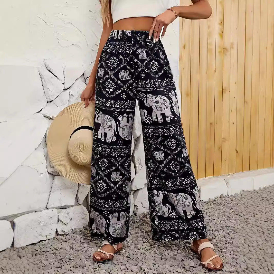 Black Ethnic Boho Elephant Print Pants