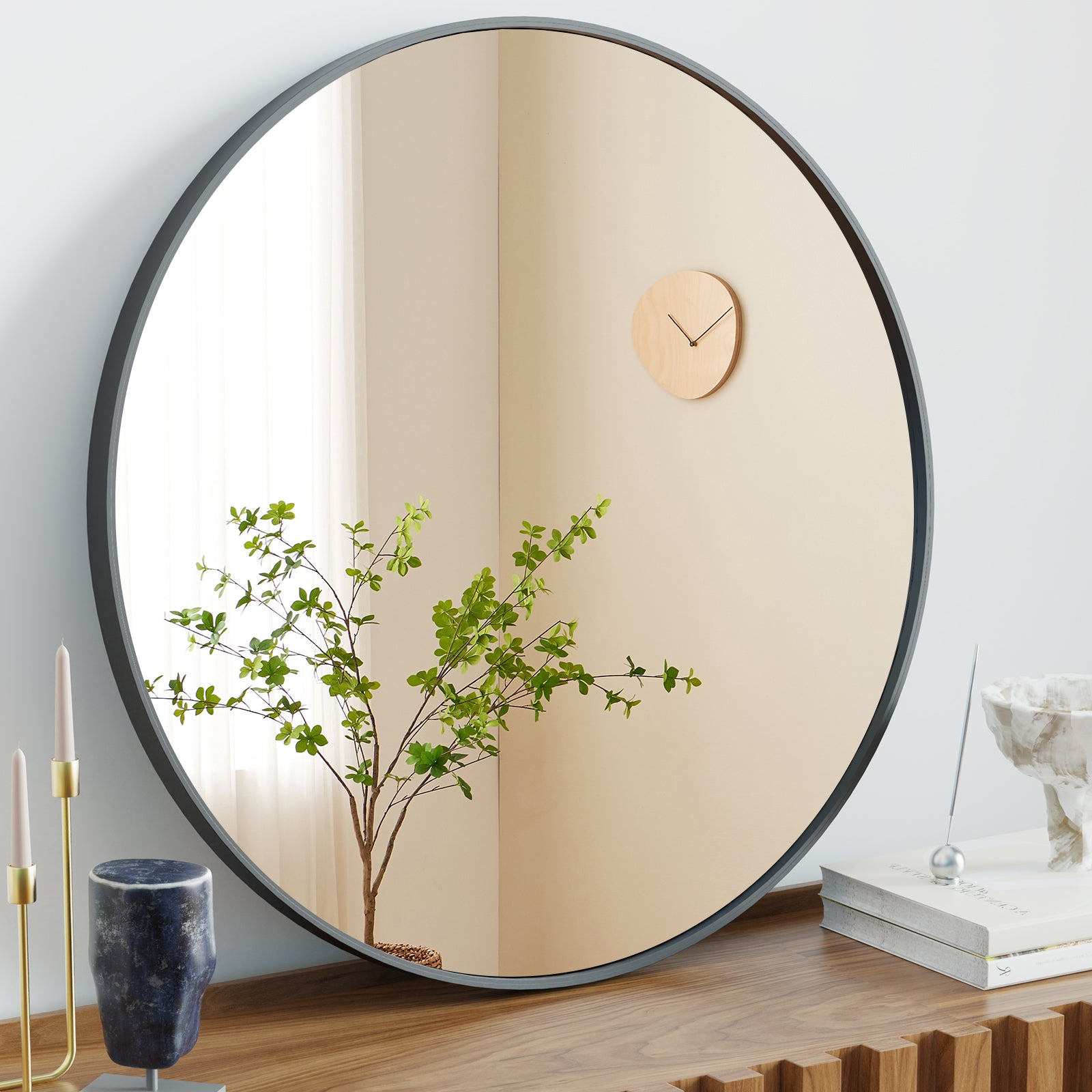Black Minimal Round Wall Mirror