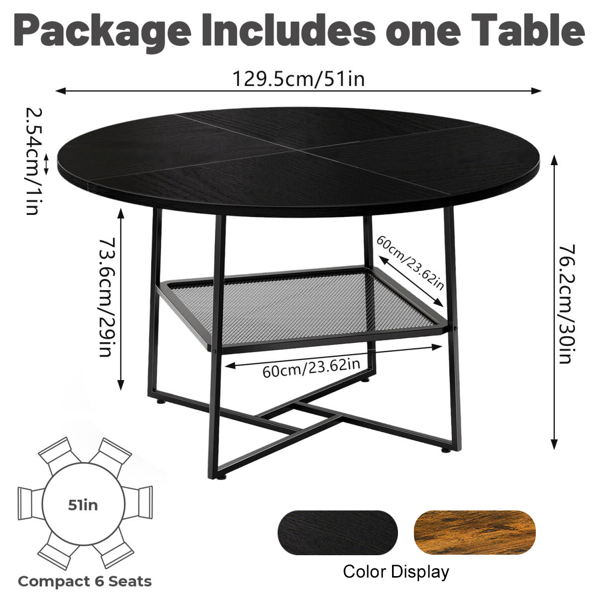 Black round table with dimensions and color display on a white background