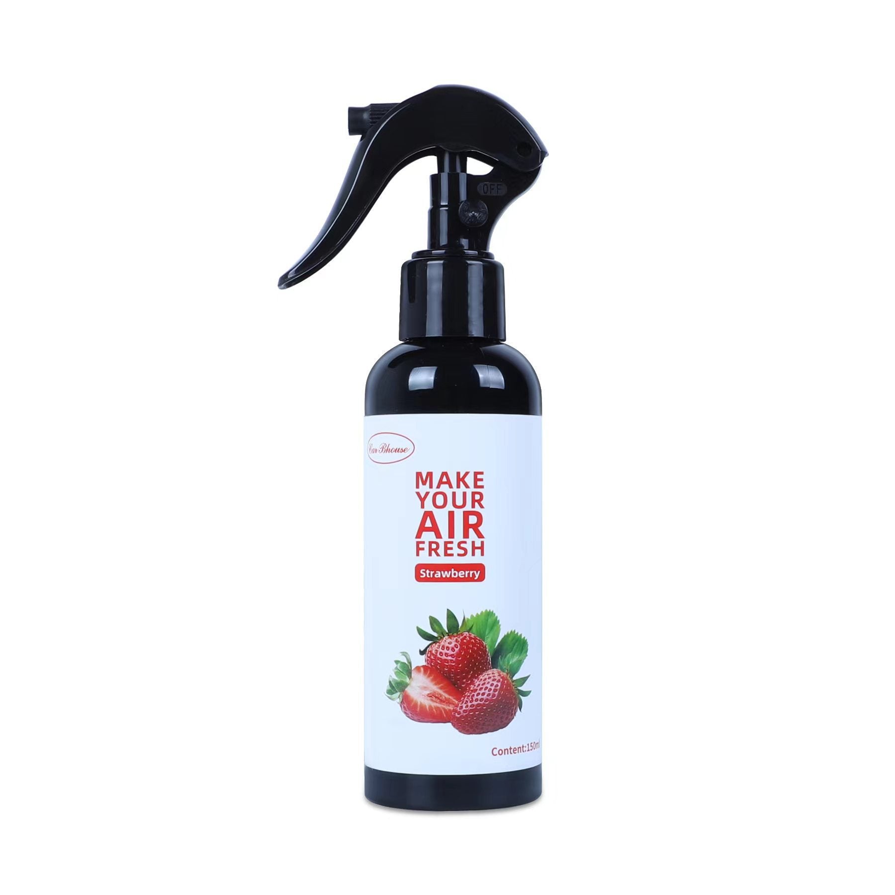 Black air freshener spray bottle with strawberry flavor on a white background