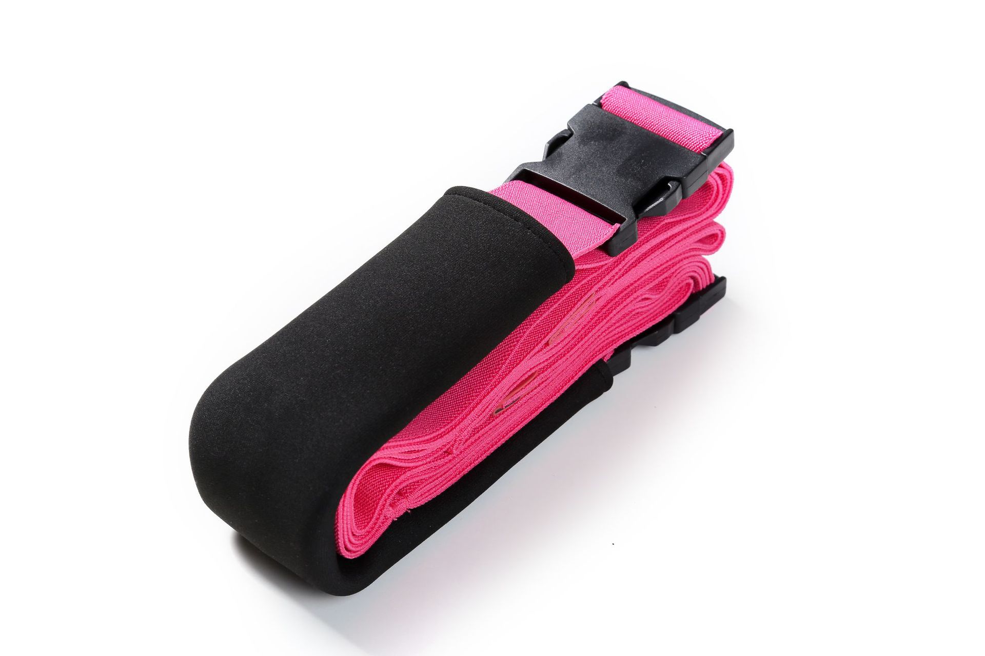 Black and pink belt with a buckle on a white background