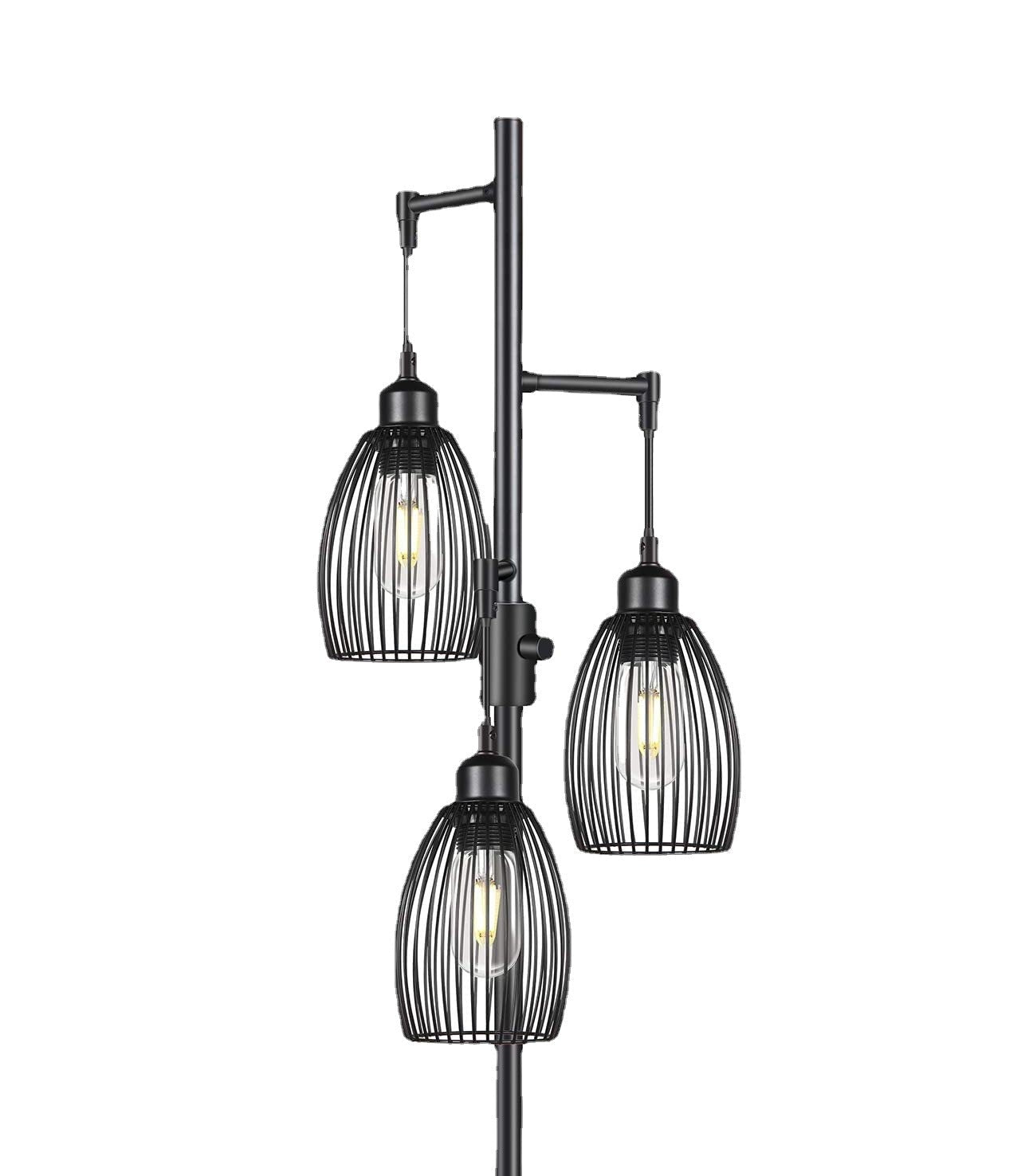 Black metal pendant light fixture with cage-style shades on a white background