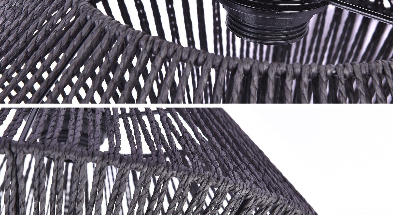 Black rattan ceiling light with detailed woven design and text describing its handmade quality.