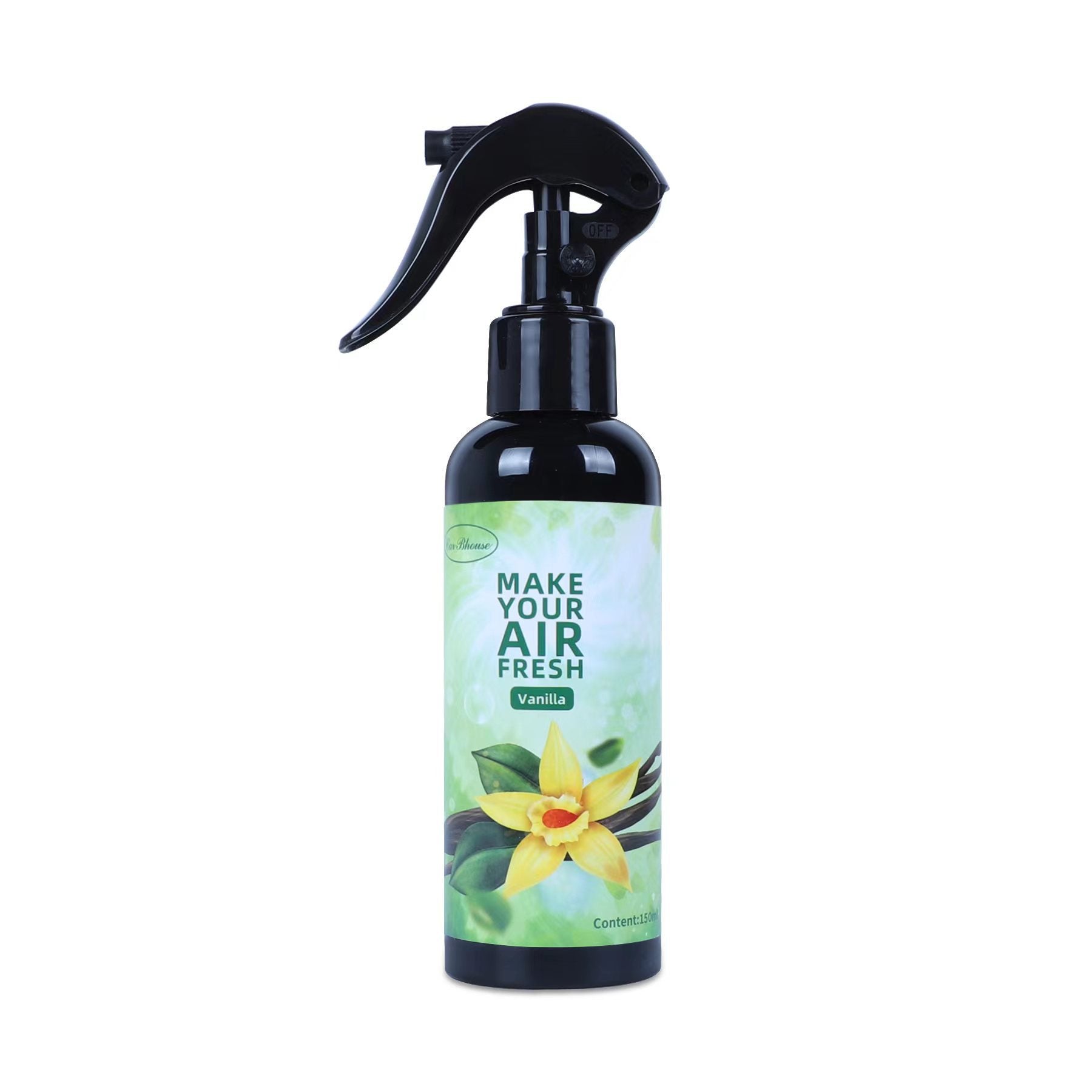 Black spray bottle with a vanilla-themed label on a white background