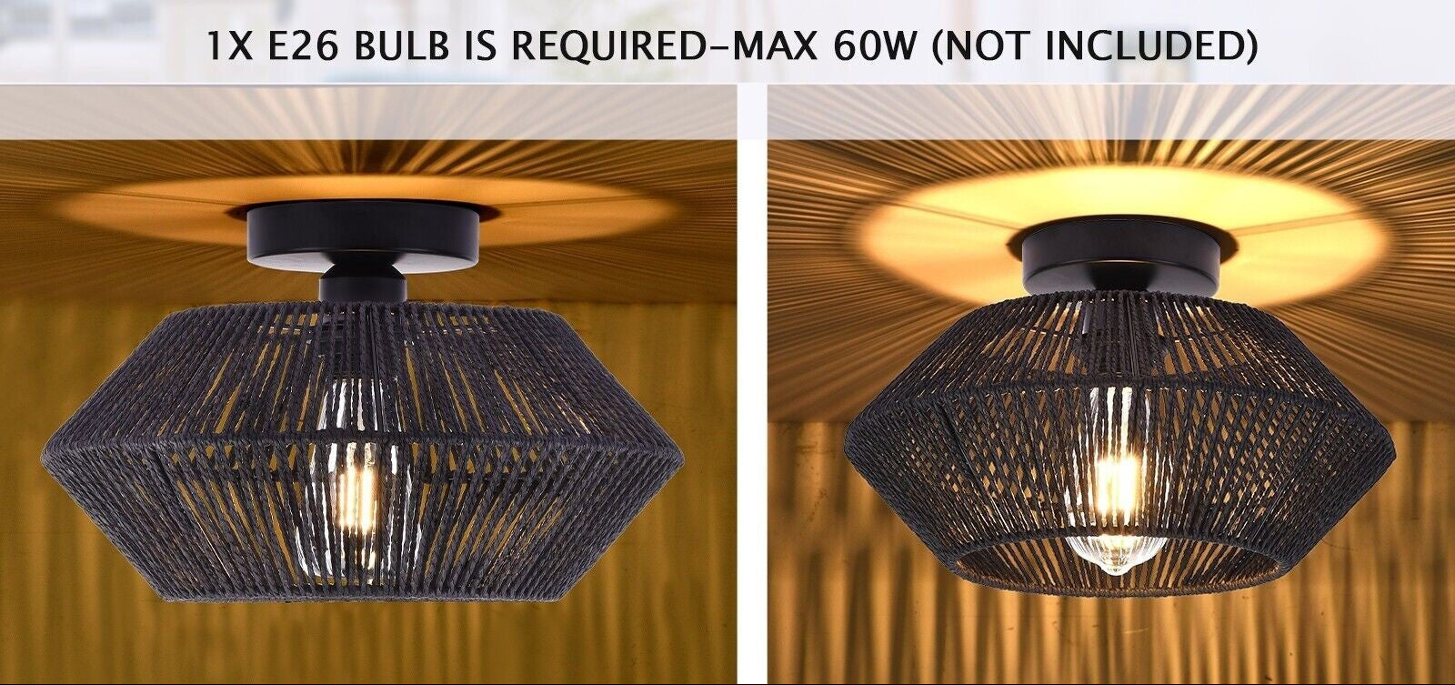 Black woven ceiling light fixture with measurements and bulb information.