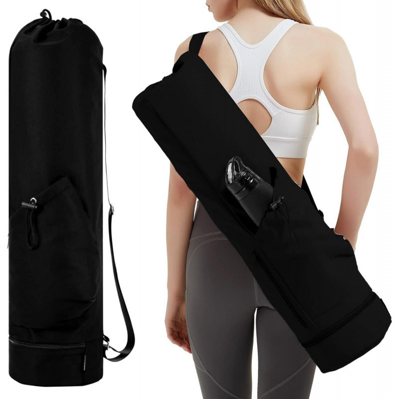 Black yoga mat bag with a person wearing a white sports bra and gray leggings.