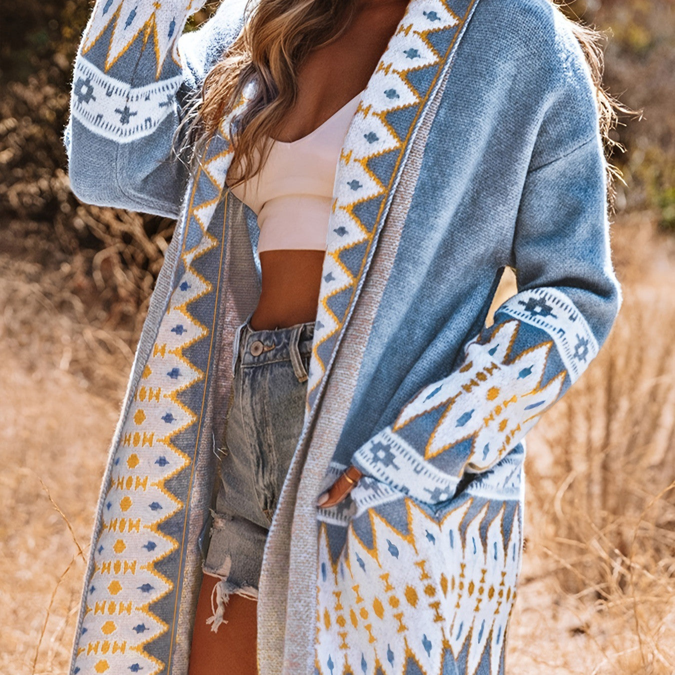 Blue Boho Long Sleeve Knitted Cardigan Coat