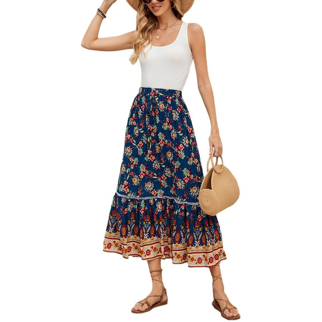 Blue Floral Bohemian Maxi Skirt