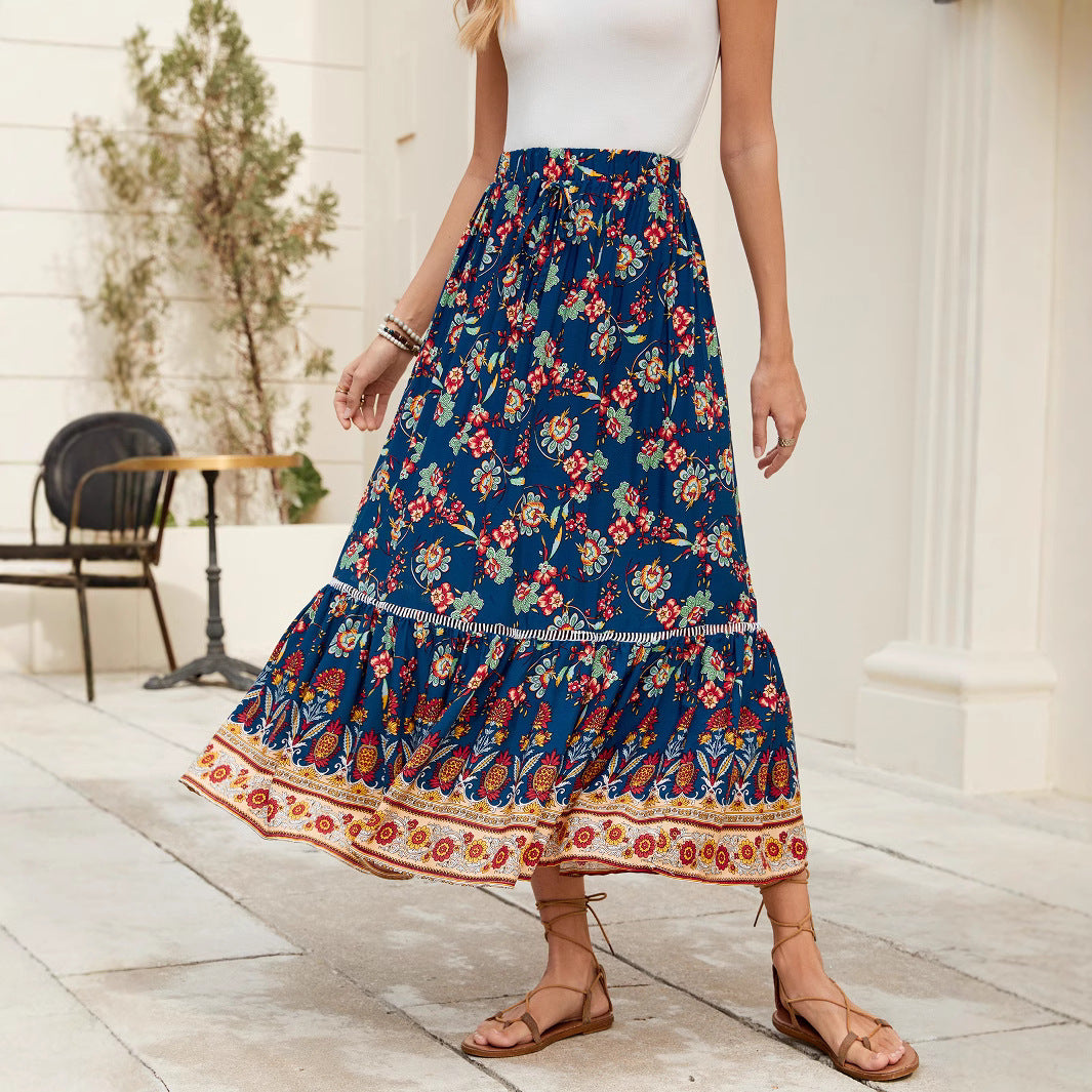 Blue Floral Bohemian Maxi Skirt