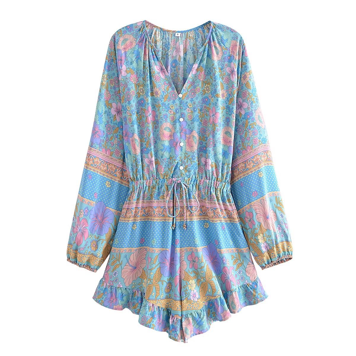 Blue Floral Bohemian Pattern Romper with Drawstring Belt