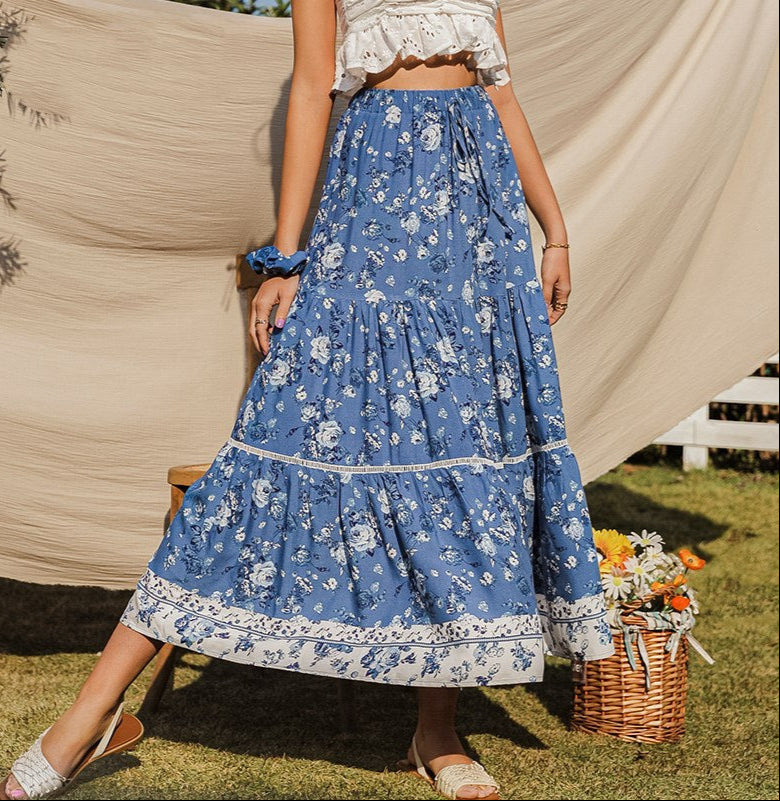 Blue Floral Boho Style Skirt