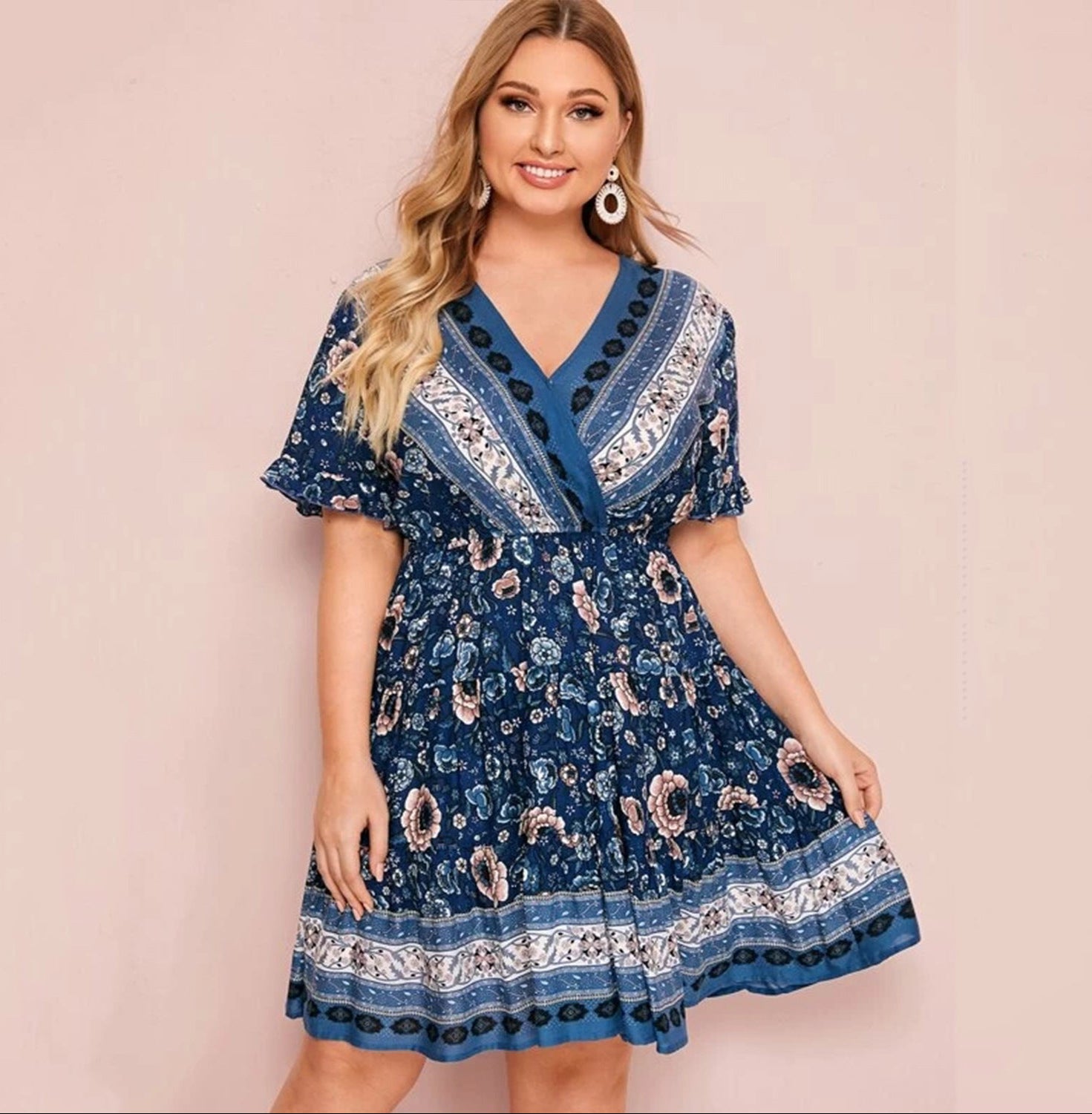 Blue Print Boho Chic Plus Size Dress