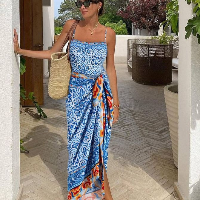 elegant Blue Print Boho Chic Swimsuit with Wrap Skirt Cover Up