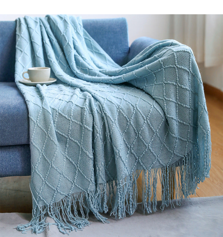 Blue Textured Blanket with Fringe