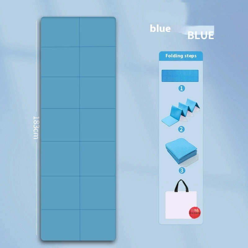 Blue mat with folding steps illustration on a light blue background