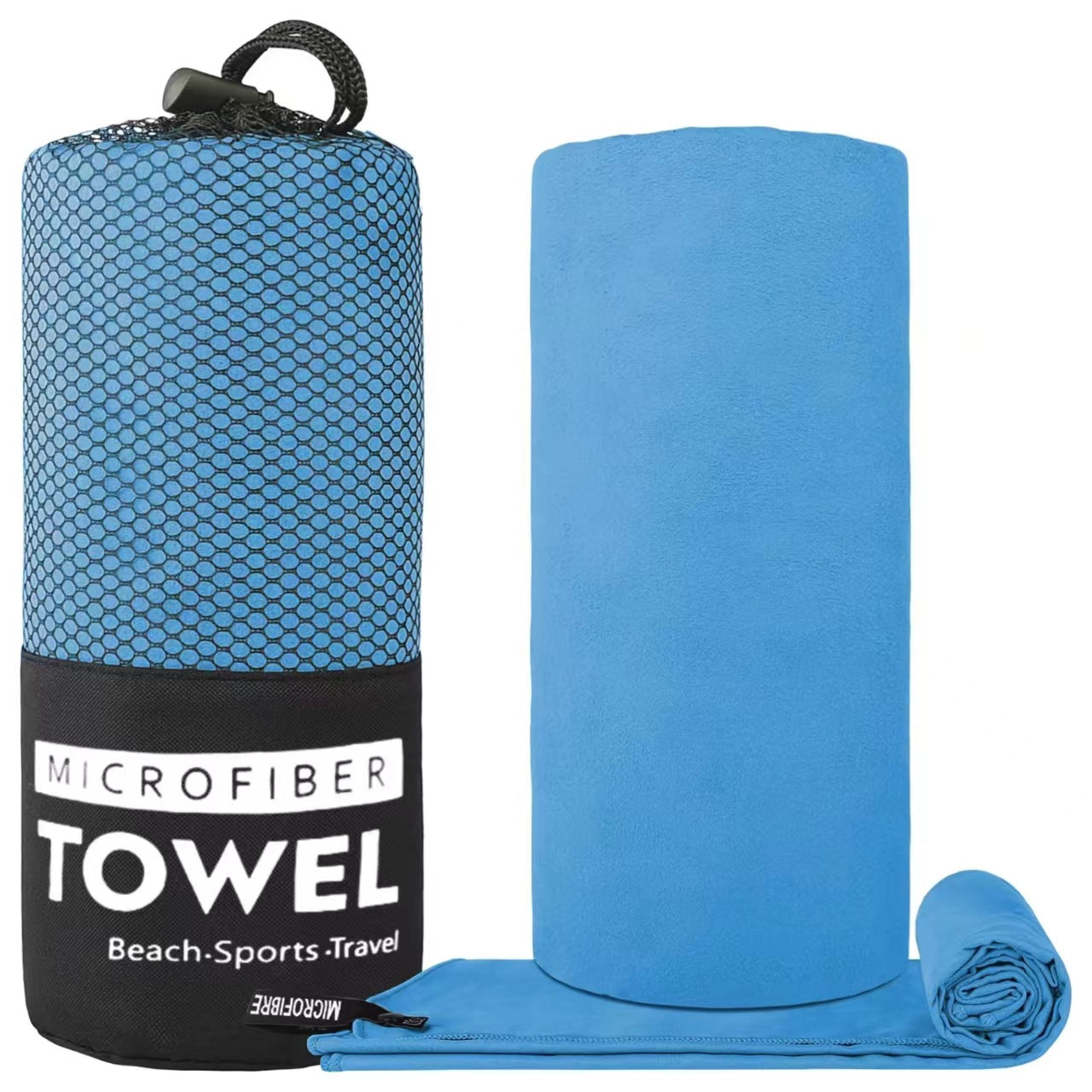 Blue microfiber towel with packaging on a white background