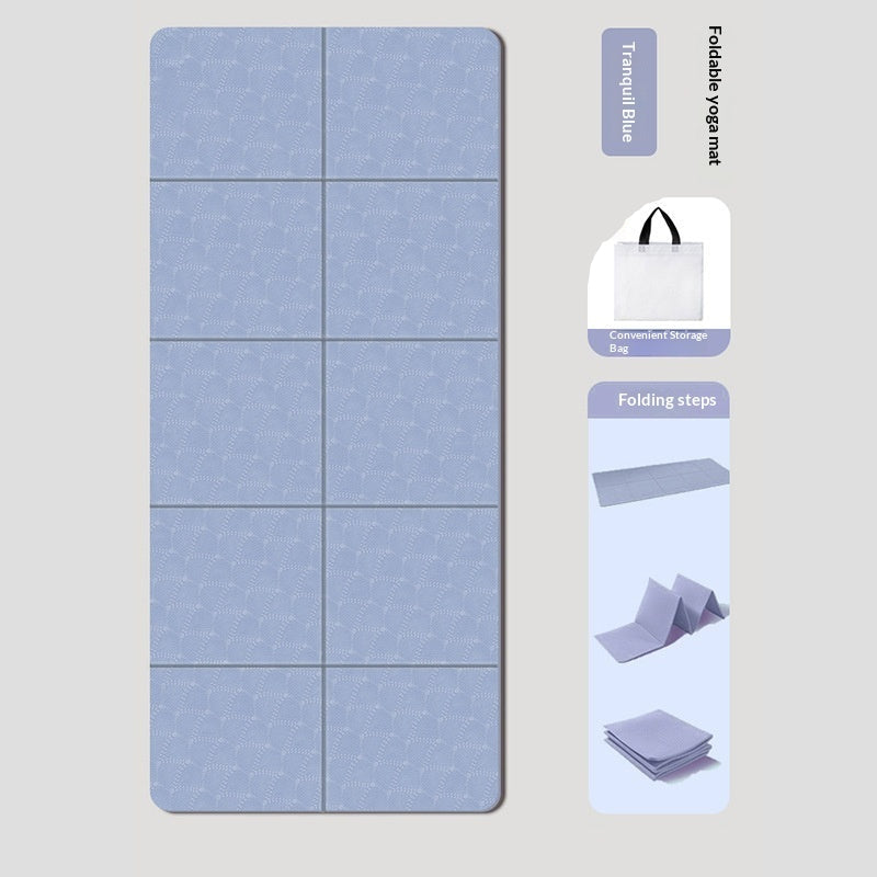 Blue yoga mat with storage bag on a light gray background