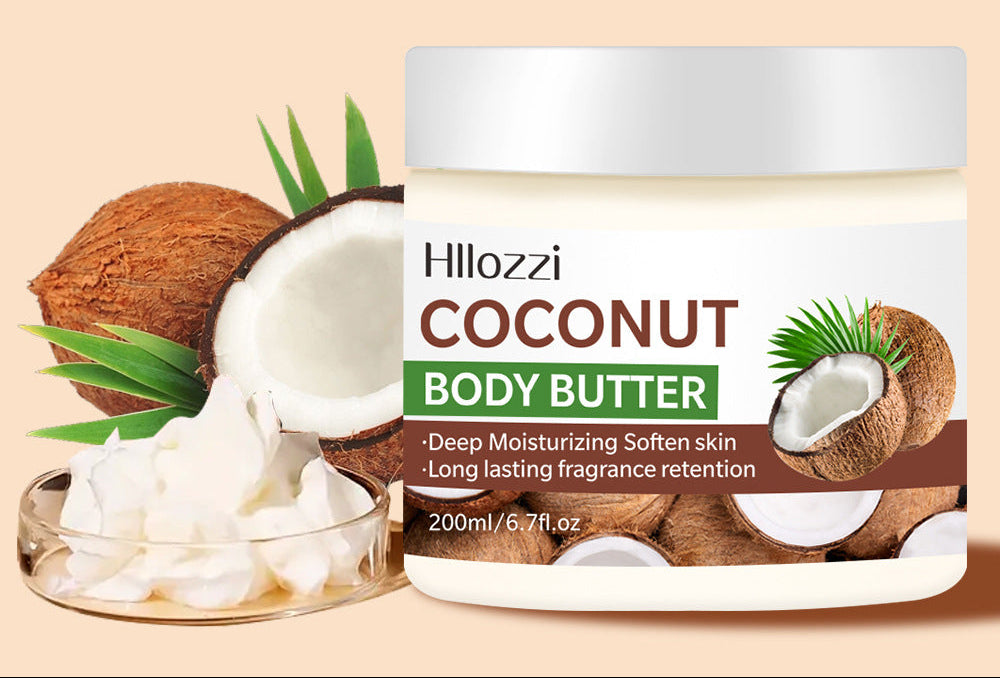 Hillozzi Coconut Body Butter jar with coconuts and text on a beige background